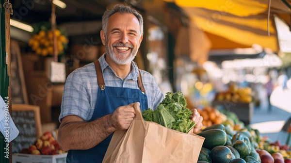 Fototapeta Cheerful Street Vendor Running a Small Farm Market Business, Selling Sustainable Fruits and Vegetables. Happy Middle Aged Man Filling a Recycled Paper Shopping Bag with Local Natural Food .