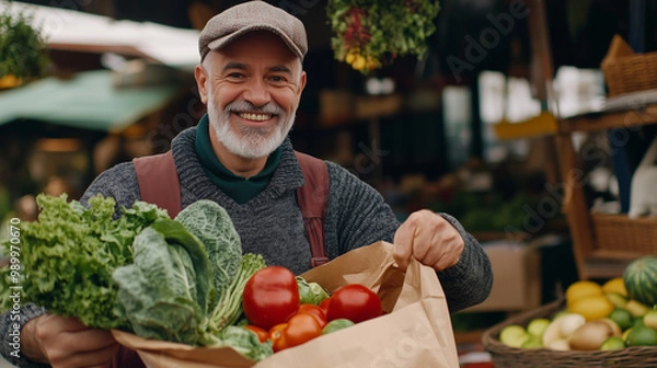 Fototapeta Cheerful Street Vendor Running a Small Farm Market Business, Selling Sustainable Fruits and Vegetables. Happy Middle Aged Man Filling a Recycled Paper Shopping Bag with Local Natural Food .