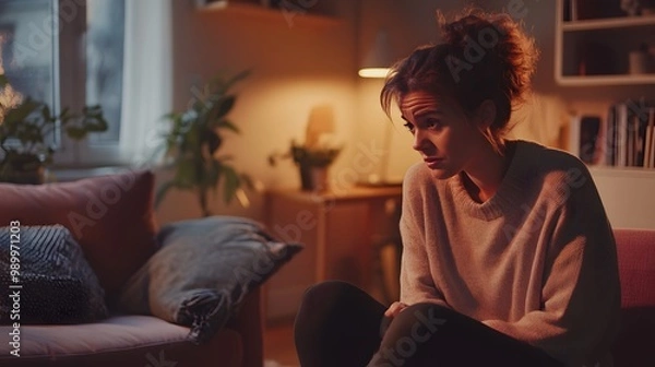 Fototapeta 1. A compassionate psychologist sitting in a cozy office, gently leaning forward as she listens to her depressed patient, who is seated on a plush couch, looking down with a mix of sadness and