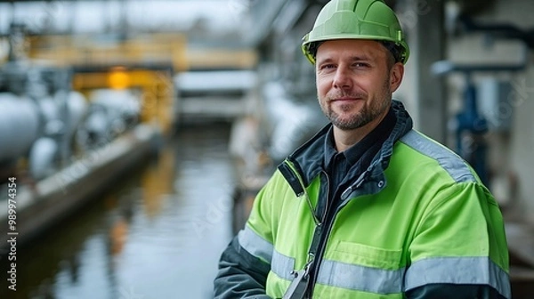 Fototapeta sewage plant worker in green security outfit standing in front of domestic wastewater treatment facilities showcasing the important role of safety and environmental management in water treatment