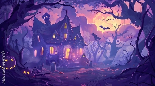 Fototapeta "Spooky Halloween Scene with Full Moon and Haunted House – Vector"

