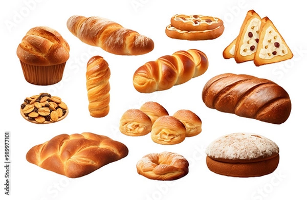 Obraz Set of various sweet breads Slices and bakery or pastries, isolated cartoon vector set of bakery products translucent background	