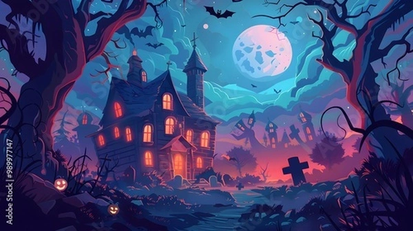 Fototapeta "Eerie Halloween Night with Witch, Tombstones, and Haunted House – Vector"
