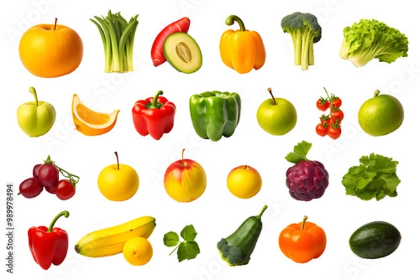 Fototapeta Set of different fresh vegetables and fruits isolated on transparent background	