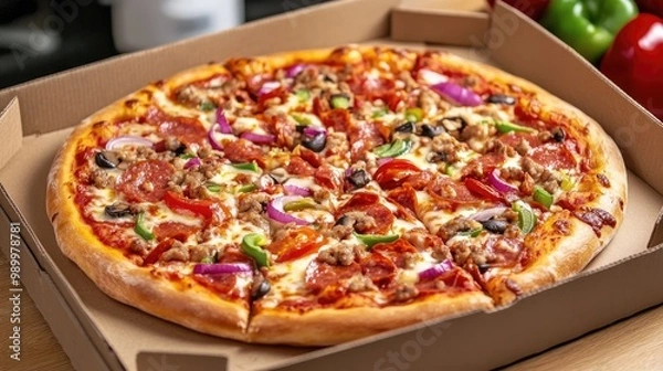 Obraz Open pizza box on a kitchen table, with toppings ready to be enjoyed.