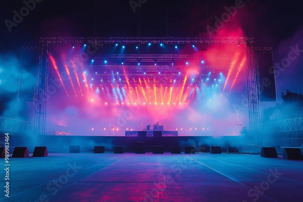 Fototapeta A massive wide stage set for a performance at a music festival, showcasing the grandeur and anticipation of a major live event that will electrify the crowd