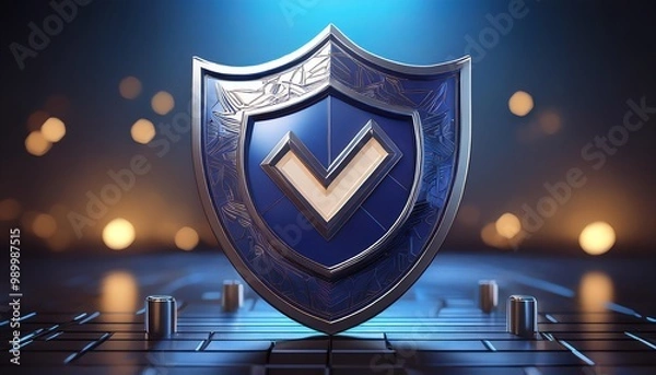 Fototapeta A sleek, blue shield with a checkmark symbolizes security and protection against digital threats in a high-tech environment.