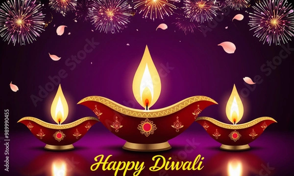 Obraz Colorful clay diya lamps with flowers on purple background