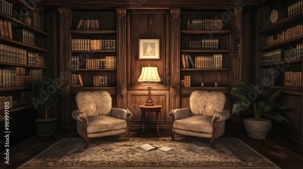 Fototapeta Warm ambient light highlighting a vintage-style reading corner with plush chairs.