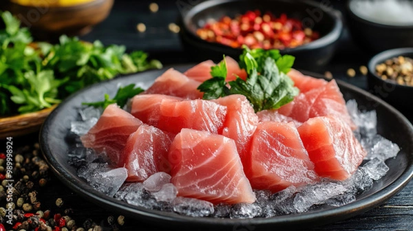 Fototapeta Colorful fresh salmon fillet with herbs and spices. Salmon and vegetables. Raw fish fillet. Healthy Food. Fresh meat for a sashimi plate with herbs. Salmon fish