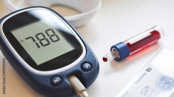 Fototapeta Glucose meter showing a reading of 7.8 with a filled test tube and blood sampling equipment on a white surface.