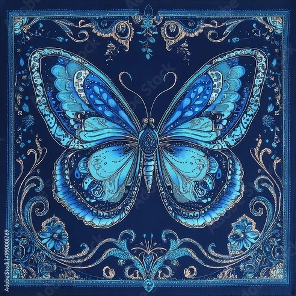 Obraz A beautifully detailed blue butterfly design on a dark background.