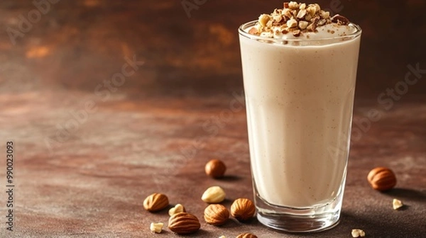 Fototapeta A glass of creamy hazelnut milkshake topped with chopped nuts, on a brown rustic background.