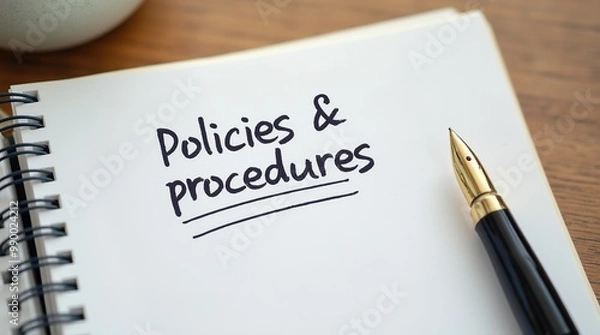 Fototapeta Policies and procedures memo with fountain pen on notebook