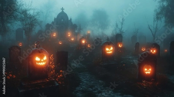 Obraz A spooky graveyard at dusk with glowing jack-o'-lanterns placed on tombstones, surrounded by fog and eerie shadows.
