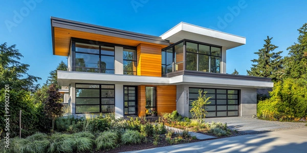 Fototapeta stunning modern suburban house featuring sleek lines, large windows, and blend of wood and concrete materials. clear blue sky enhances vibrant greenery surrounding property, creating serene
