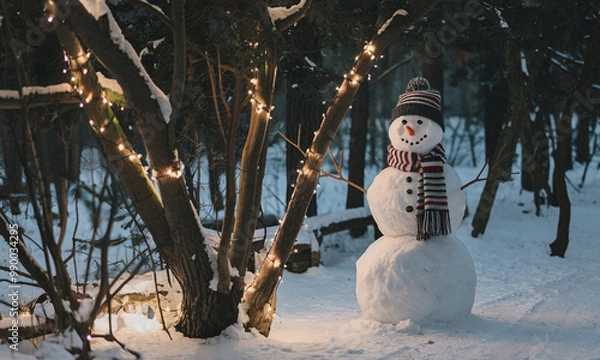 Fototapeta A cheerful snowman stands in a snowy park adorned with festive lights