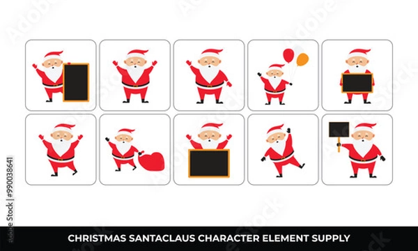 Fototapeta Eight Santa Claus characters various poses holding signs, balloons, and a sack.