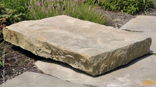 Obraz flat stone podium on a rock platform serves as a stylish showcase against a backdrop of verdant forest scenery