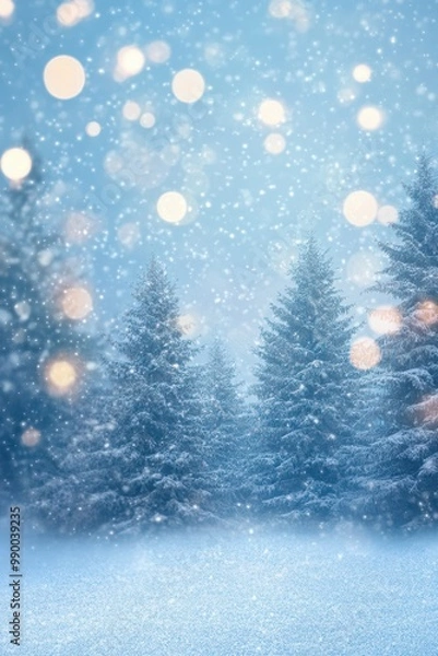 Fototapeta Snow trees with bokeh lighting in winter on a blurred background