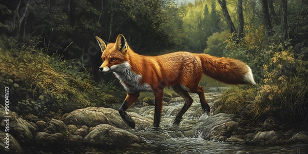 Fototapeta Red Fox Walking Through Stream