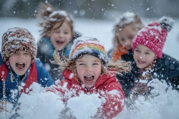 Fototapeta Four Children Having Fun Playing in the Snow