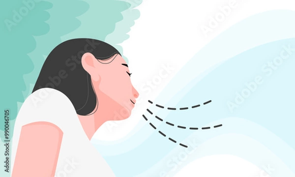 Fototapeta Close-up of a woman breathing in nature in low angle view.