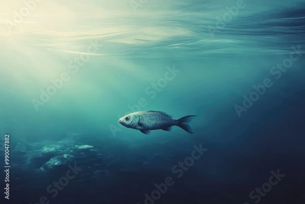 Fototapeta A Single Fish Swimming Through a Sunlit Underwater Scene