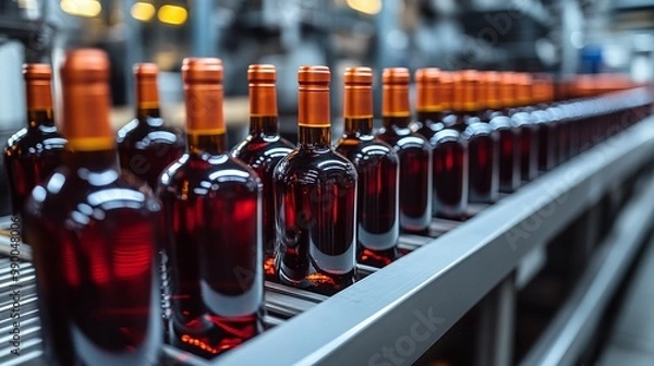 Fototapeta red wine production line in a clean modern factory, closeup view of alcoholic beverage bottles being bottled, automated manufacturing process with attention to quality, beverage industry technology