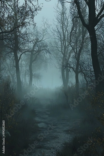 Obraz Halloween exploration scene in a fog-filled haunted forest, perfect for merchandise display, full ultra HD.