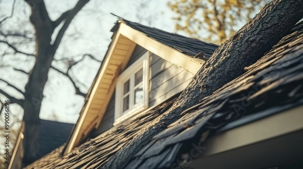 Obraz Close-up of a house with a damaged roof due to a fallen tree, illustrating the importance of home insurance