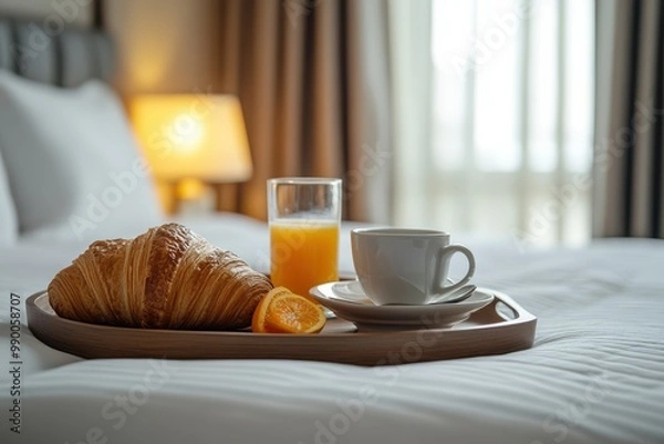 Obraz A cozy morning in a hotel with a tray of breakfast treats on a fuzzy bed background