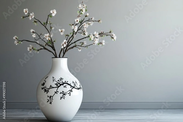 Fototapeta White vase with black tree and flower pattern on fuzzy white background