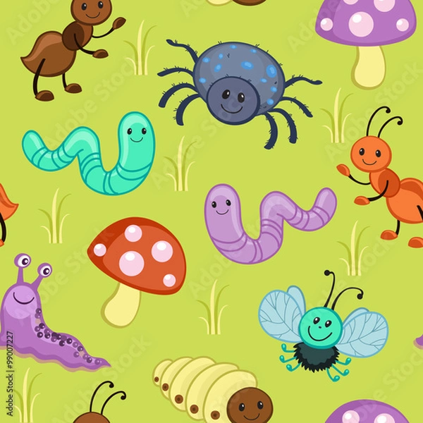 Fototapeta Cute seamless patterns with cartoon happy insects.