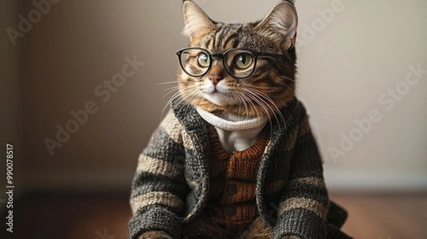 Fototapeta A stylish cat wearing glasses and a cozy sweater sits on a wooden floor indoors, exuding charm and intelligence