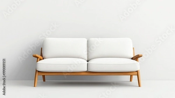 Fototapeta Mid-century minimalist sofa, muted fabric, thin wooden legs, light and airy room, neutral palette, 3D illustration