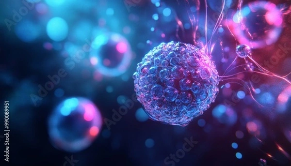 Fototapeta Neon-Colored Digital Cells Floating in Abstract Space Symbolizing Biotechnology Innovation