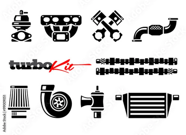 Fototapeta Vehicle turbo kit performance car parts icons set. Vector illustration.