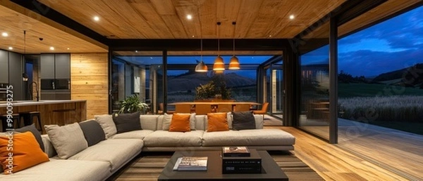 Fototapeta A photo of the modern living room in a New Zealand farmhouse. Large windows provide a view of the green fields and mountains at dusk. Created with Ai