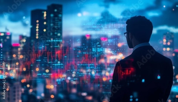 Obraz Financial Expert Monitoring Stock Market Graphs in Modern Urban Setting