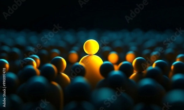 Fototapeta Group small round orange figures standing out from Amongst Others in Dark