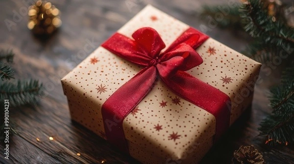 Fototapeta Festively wrapped gift with red ribbon on rustic wooden table surrounded by holiday decorations during winter season