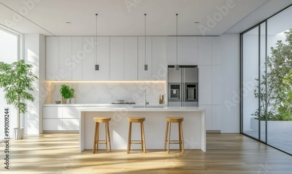 Fototapeta Luxurious kitchen in white, wooden floor and central island, minimalist design with stainless steel appliances, soft ambient lighting.