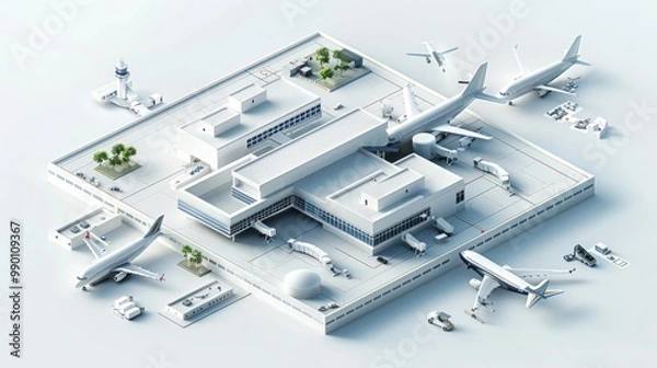 Fototapeta The airport of the future in 3D. Isometric figures on a white background