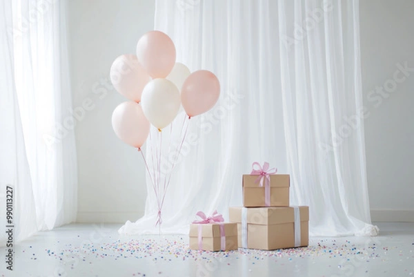 Obraz  Elegant Minimalist Birthday Setup with Neat Gift Boxes, Simple Balloons, and Delicate Confetti