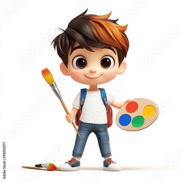 Obraz Cheerful Cartoon Boy with Paintbrush and Palette in Art Studio
