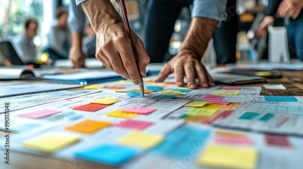 Fototapeta A diverse team collaborates, sharing ideas and sketches to spark creativity in their innovative workspace.