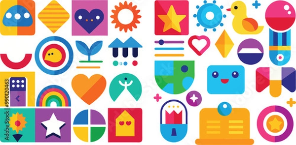 Fototapeta A vibrant collection of icons featuring hearts, stars, suns, ducks, rainbows, and flowers in a grid layout, showcasing a playful and colorful design.
