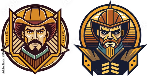 Fototapeta Two emblems featuring a stylized lion’s head with a mane, set against a shield-like background with geometric patterns. The left emblem is slightly faded, while the right is more vibrant.

