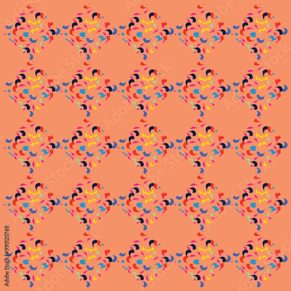 Fototapeta A seamless pattern featuring multicolored floral designs arranged in a symmetrical layout on a peach-colored background, evoking a vintage wallpaper style.

